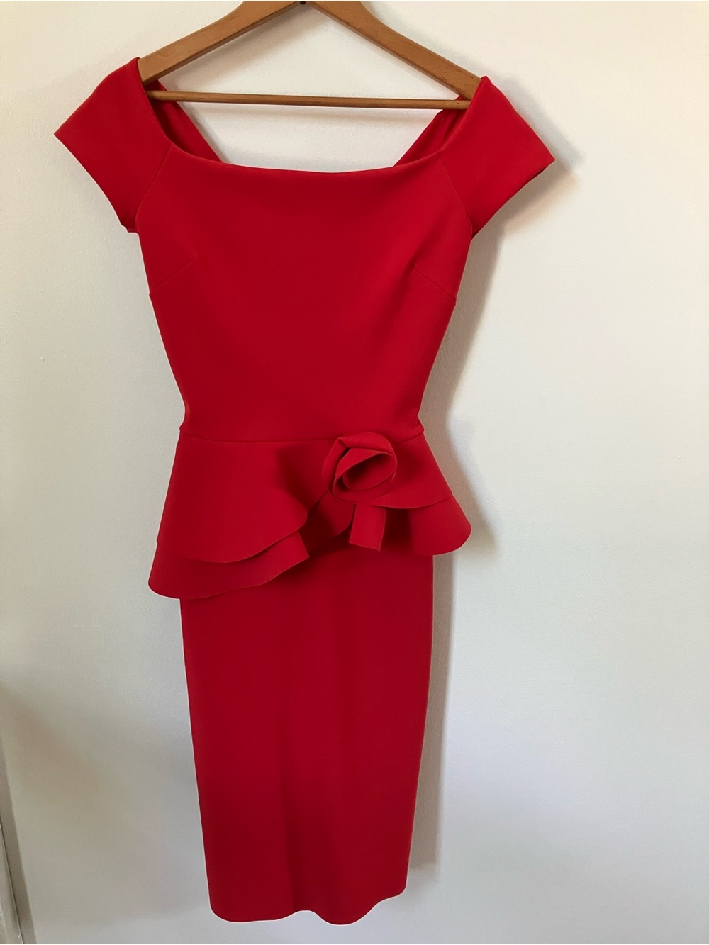 Chiara Boni La Petite Robe Red Peplum Off-the-Shoulder Midi Dress Size 2 / 38
